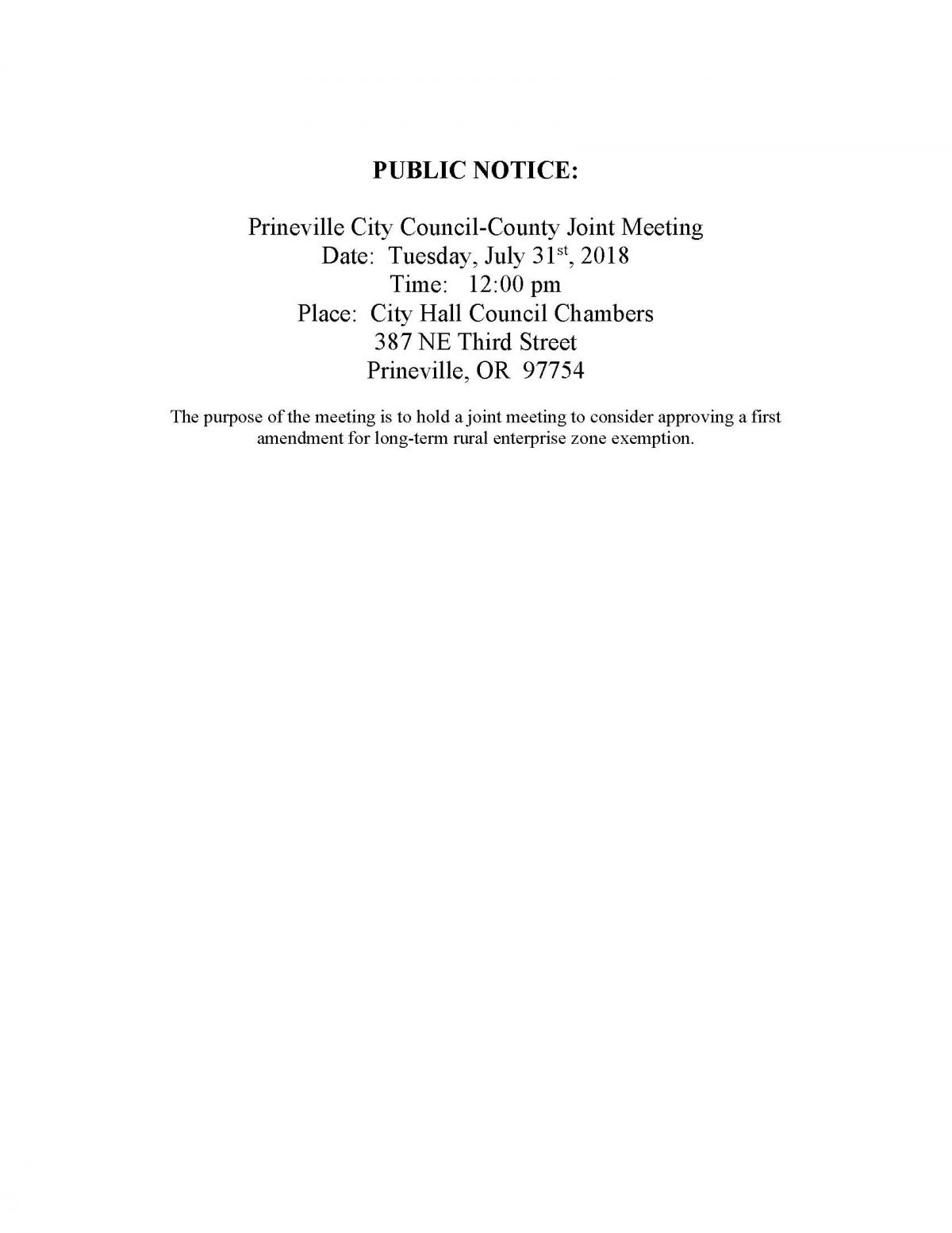 Public Notice - Joint City-County Meeting 7-31-18