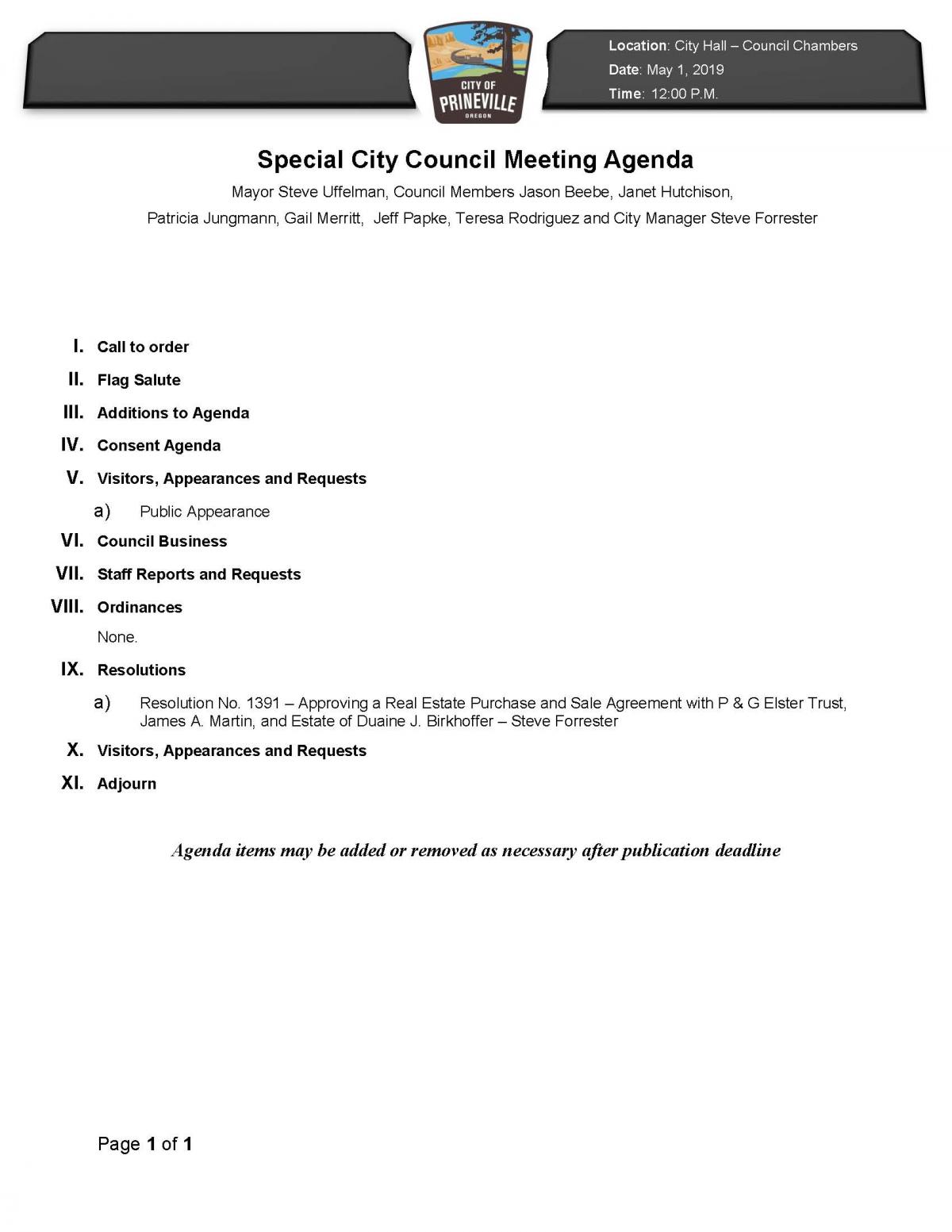 Special Council Meeting Agenda 5-1-19