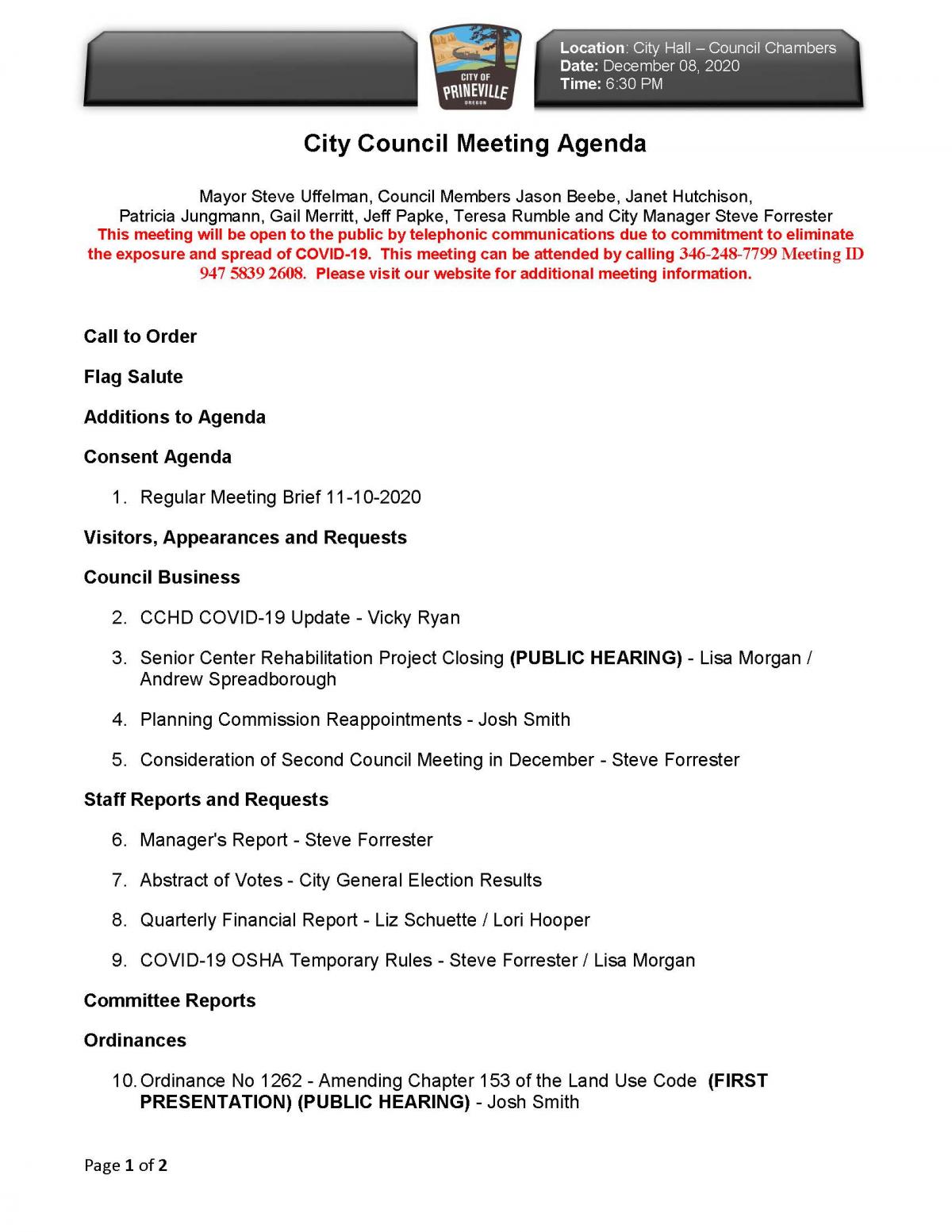 Council Agenda 12-8-2020