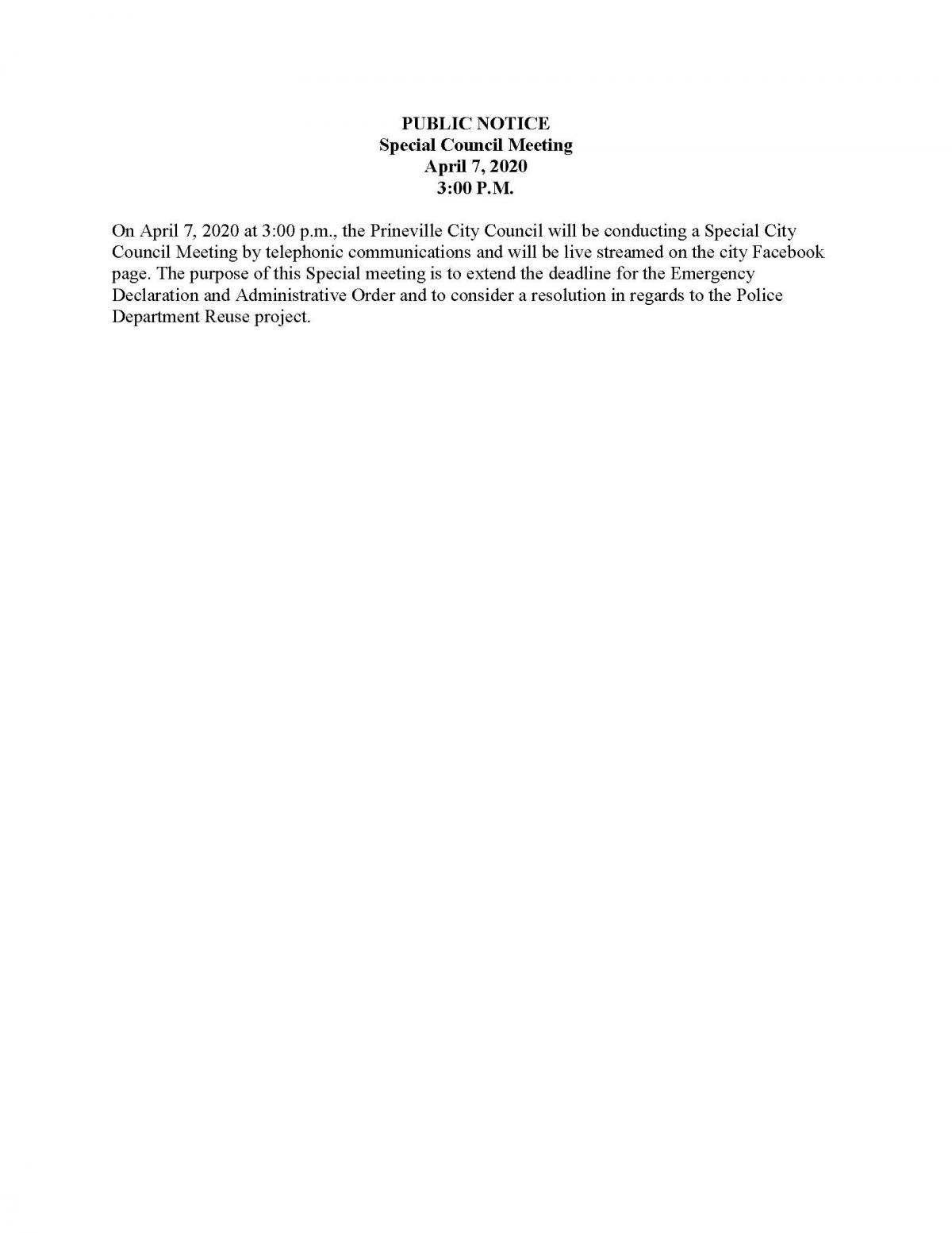 Public Notice - Special Council Meeting 4-7-2020