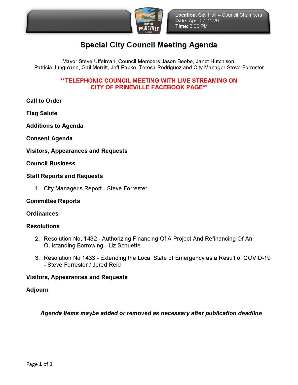 Special Council Meeting Agenda 4-7-2020