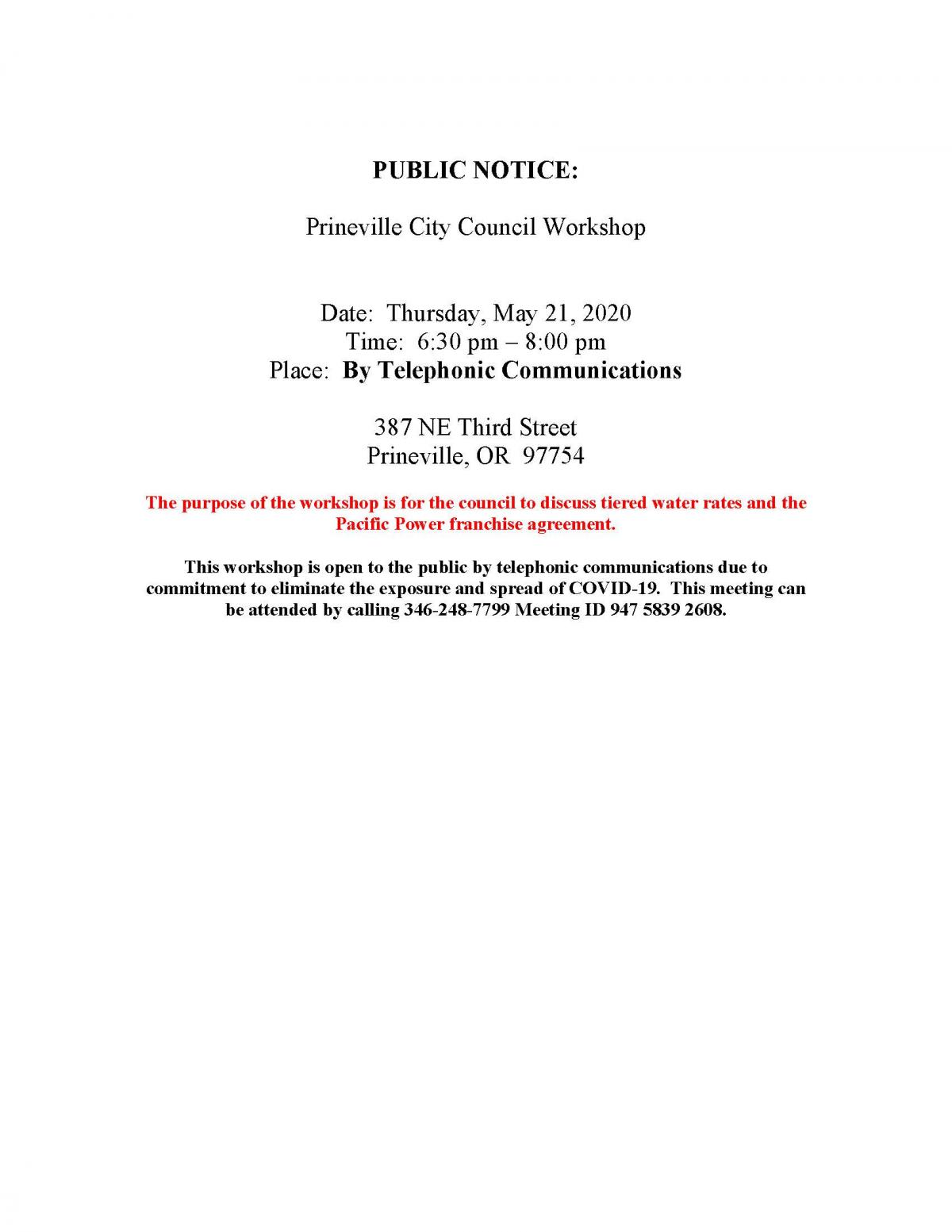 Public Notice - Council Workshop 5-21-2020