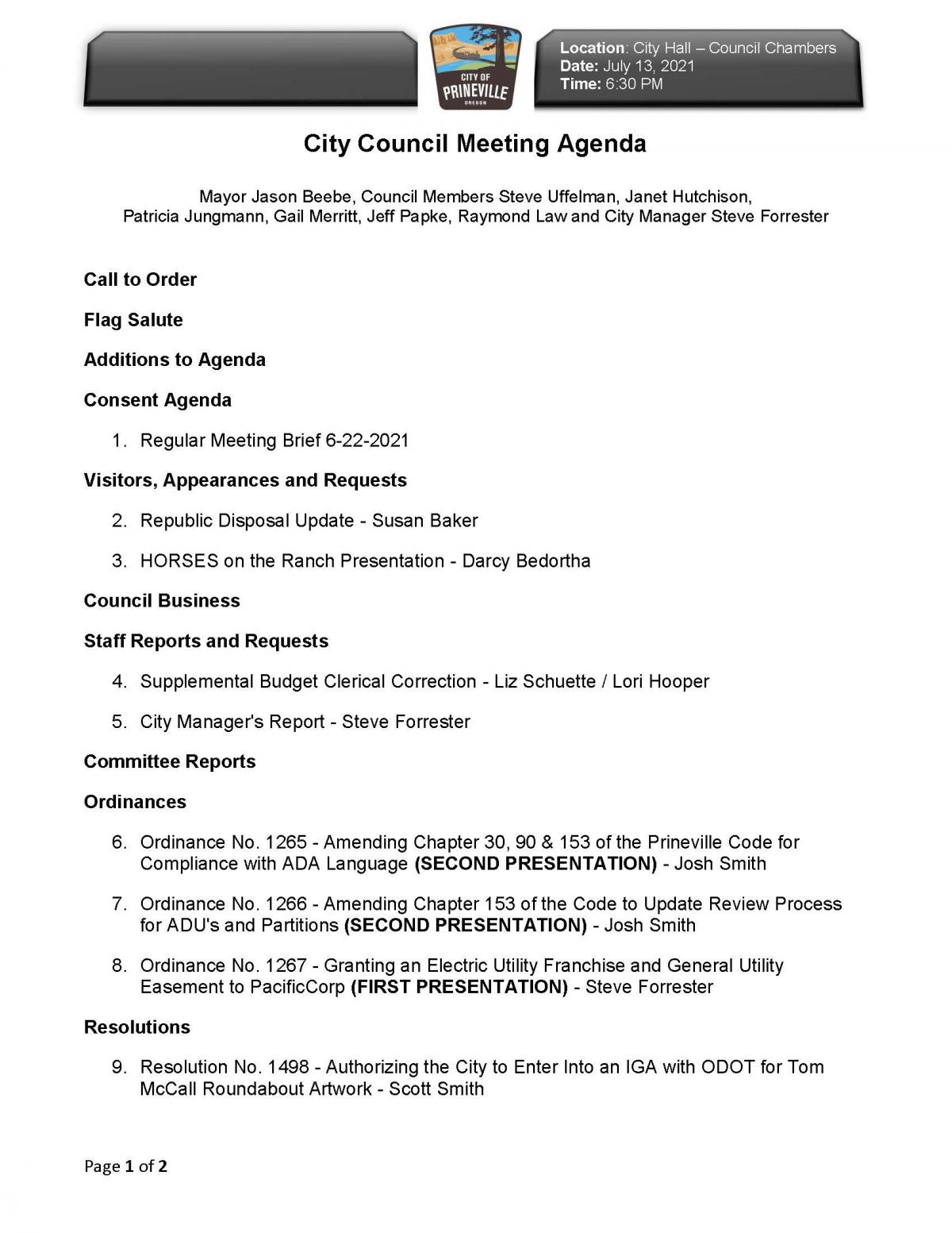 Page 1 of Council Agenda 7-13-2021