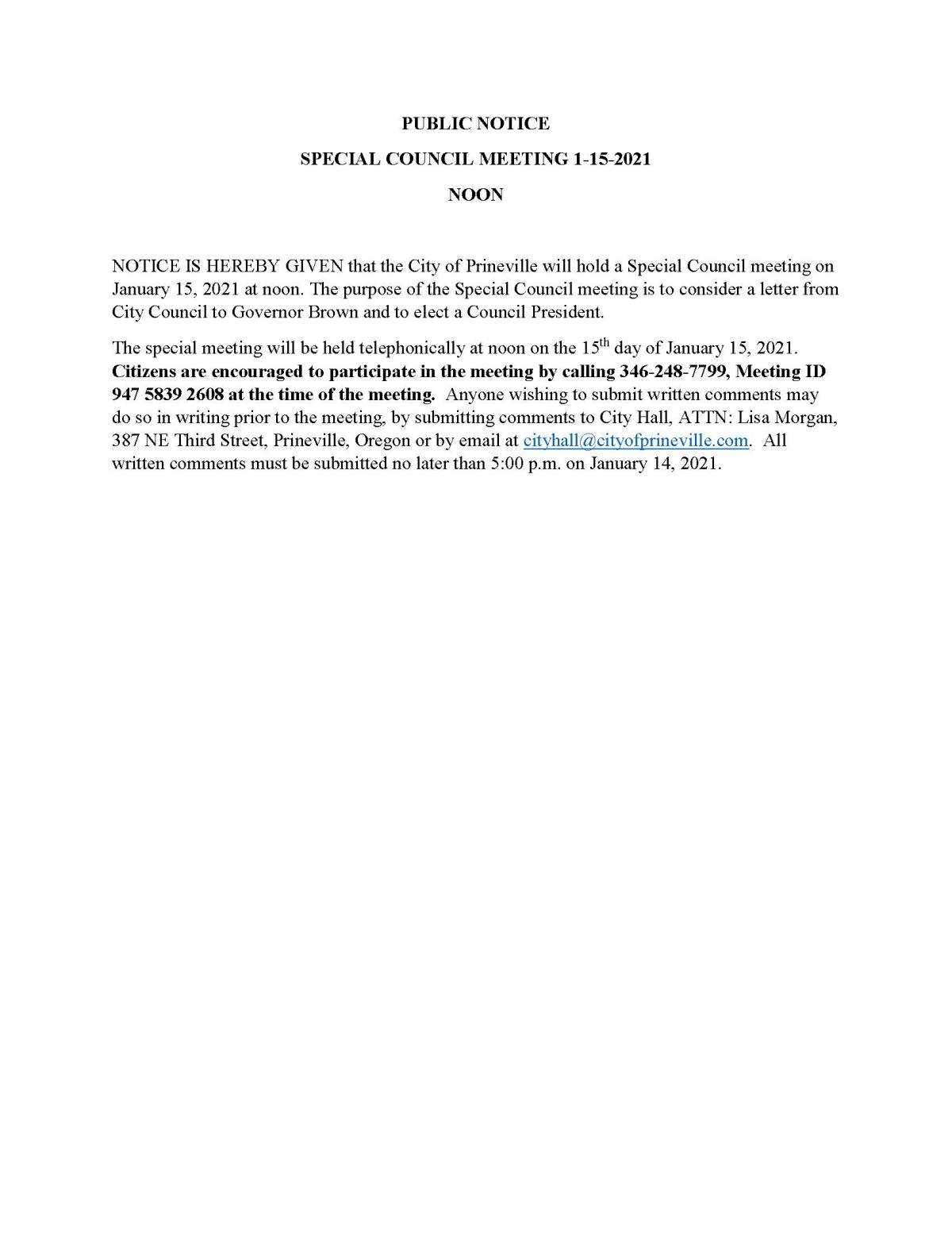 Public Notice - Special Council Meeting 1-15-2021 - Noon