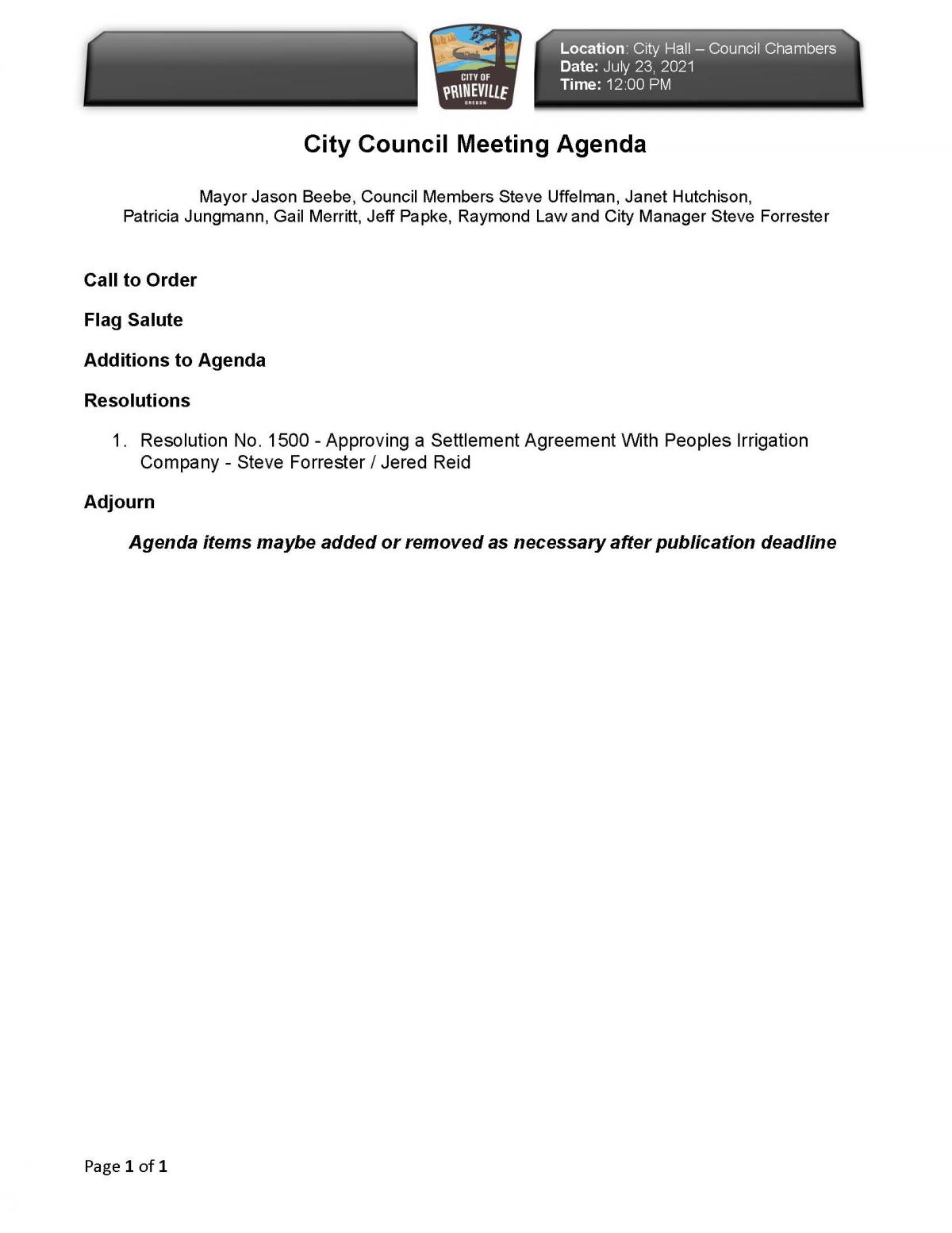 Special City Council Meeting Agenda 7-23-2021