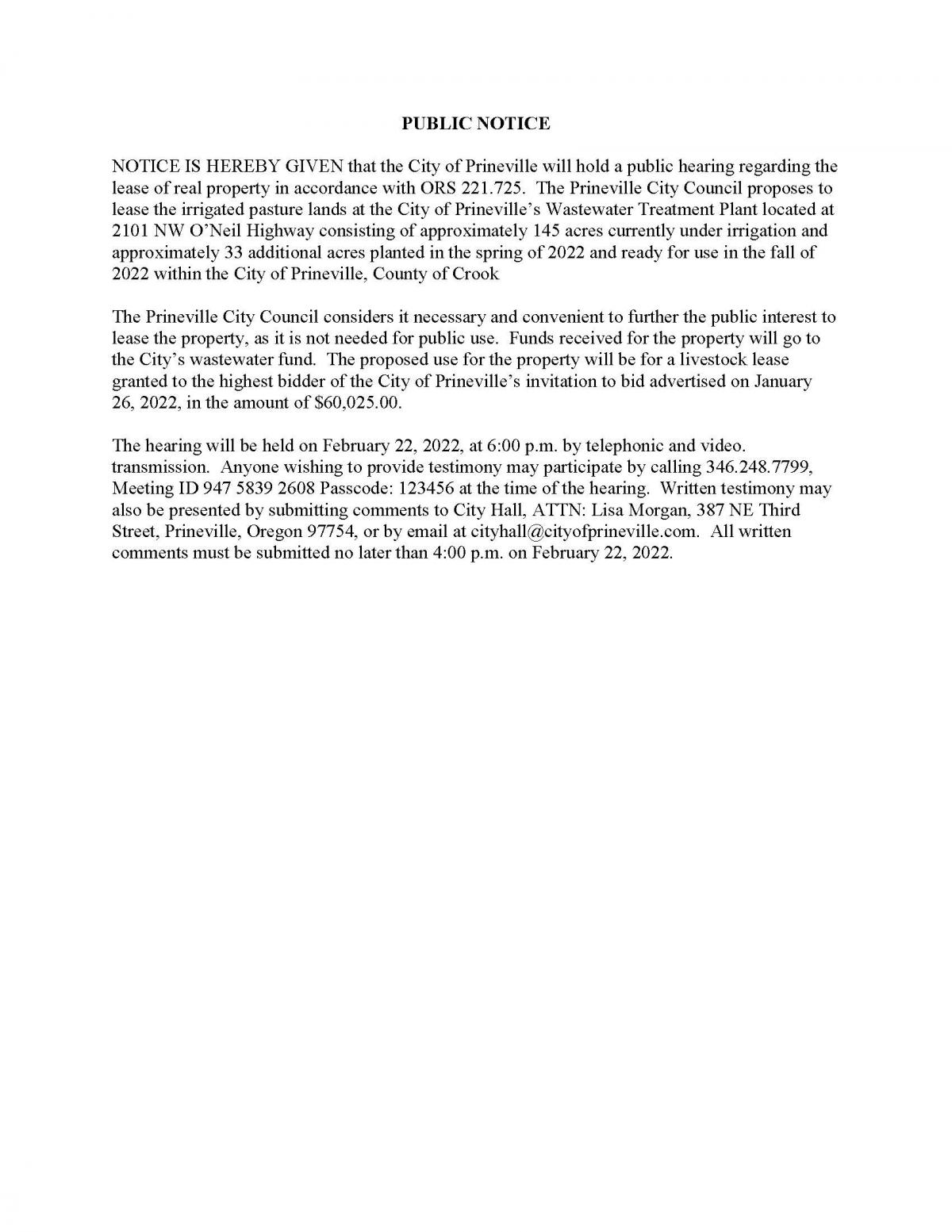 Public Notice - Pasture Lease Public Hearing 2-22-2022