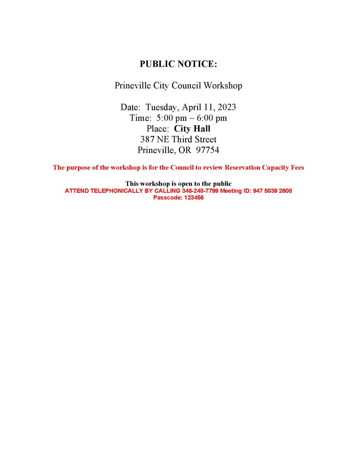 Public Notice - Council Workshop 4-11-2023