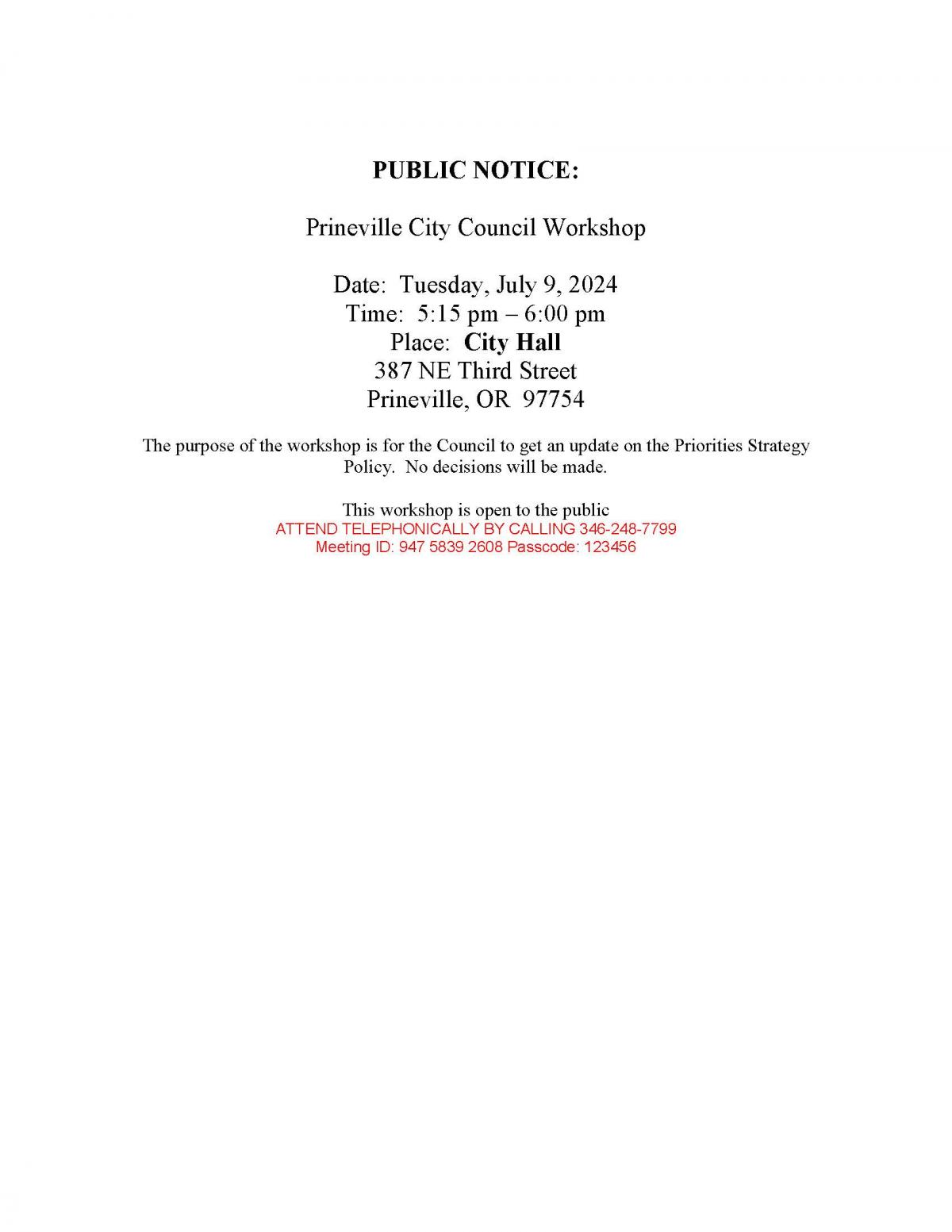 Public Notice - Council Workshop 7-9-2024
