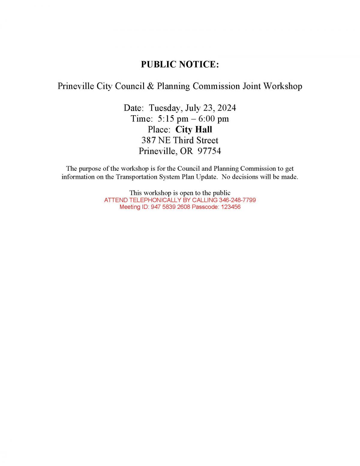 Public Notice - City Council - Planning Commission Joint Workshop