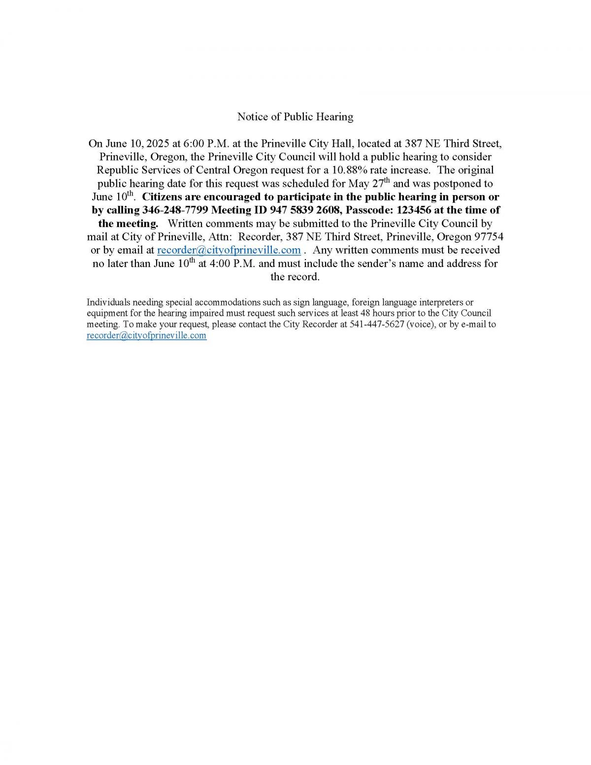 Public Hearing Notice - Republic Services Rate Increase Request