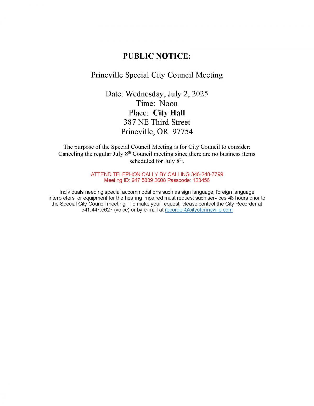 Public Notice - Special Council Meeting 7-2-2025