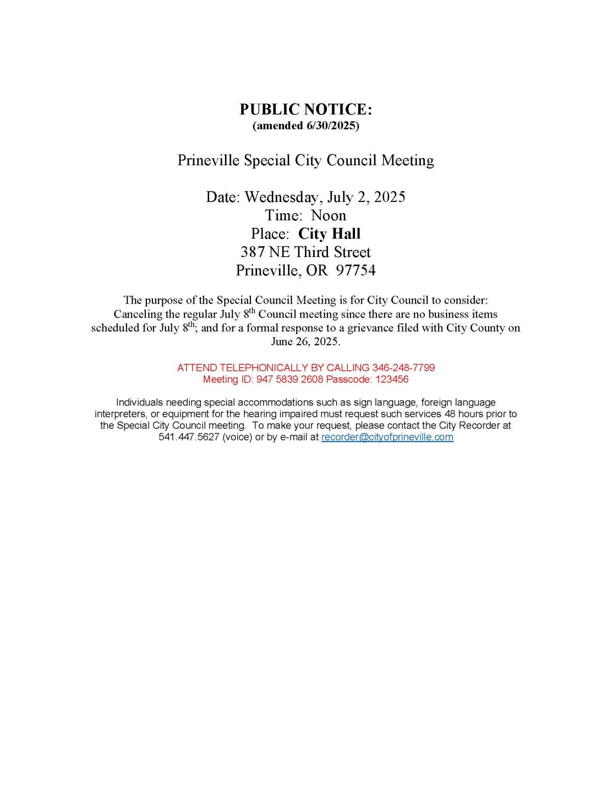 Public Notice - Special Council Meeting 7-2-2025