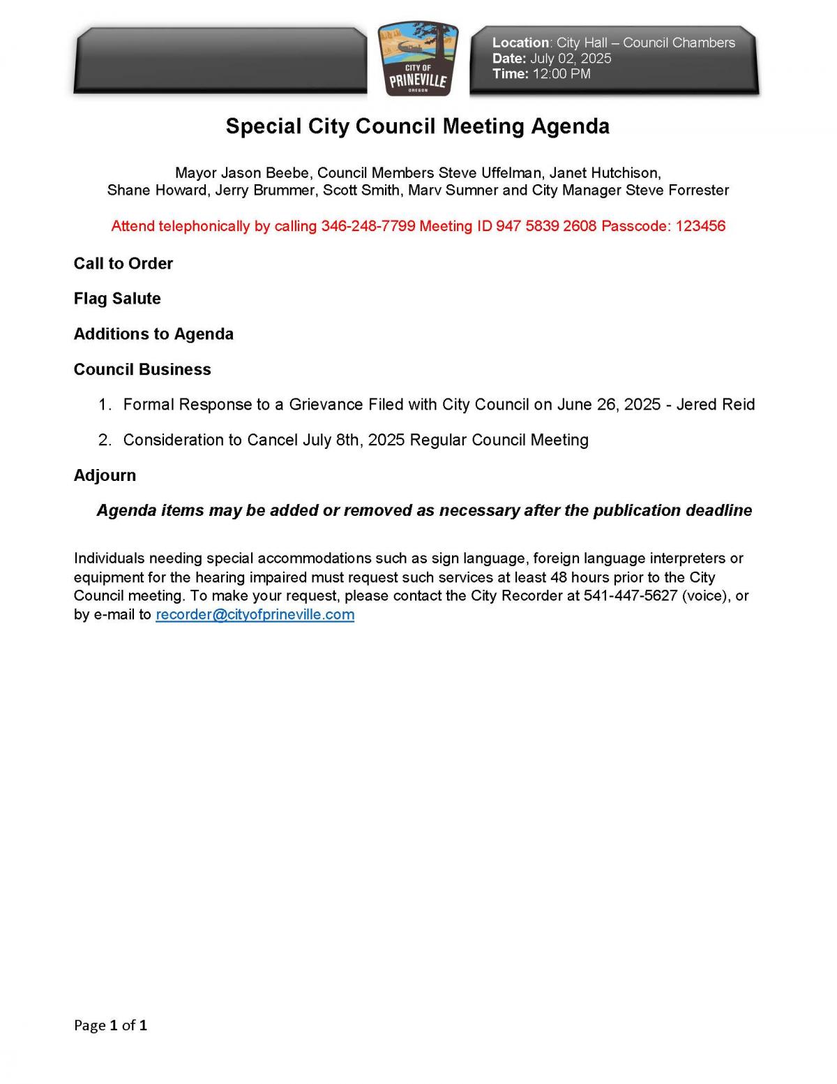 Council Special Meeting Agenda