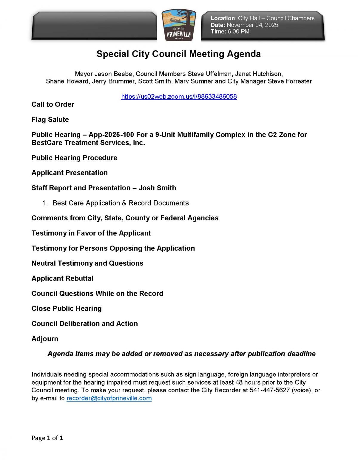 Special Council Meeting Agenda 11-4-2025