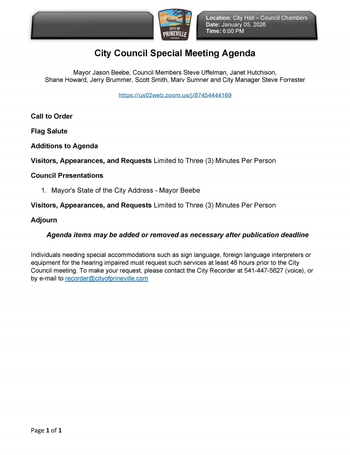 Council Special Meeting Agenda 1-5-2026
