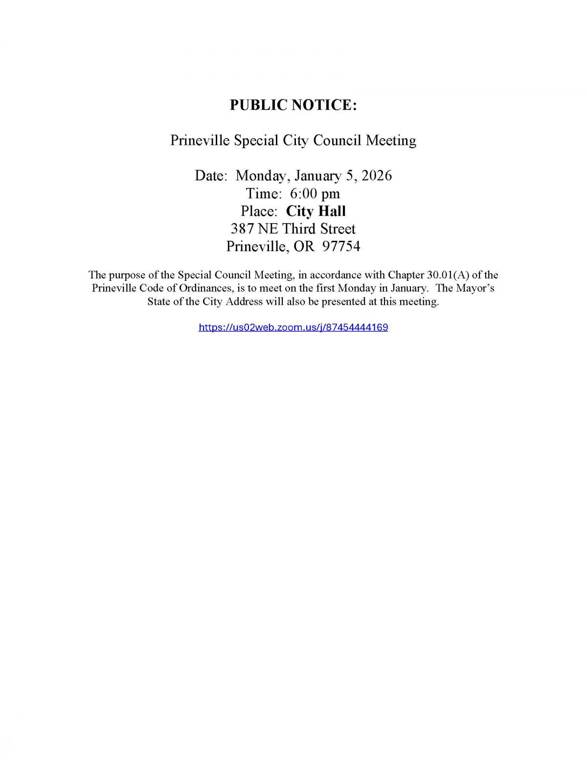 Public Notice - Special City Council Meeting 1-5-2026