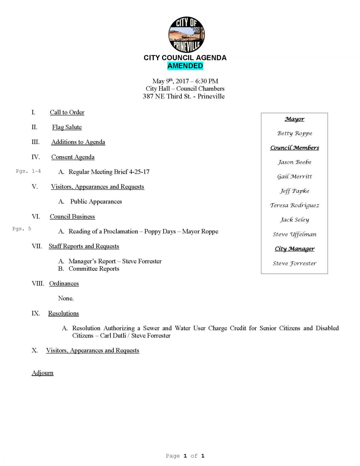 Council Agenda 5-9-17 Amended