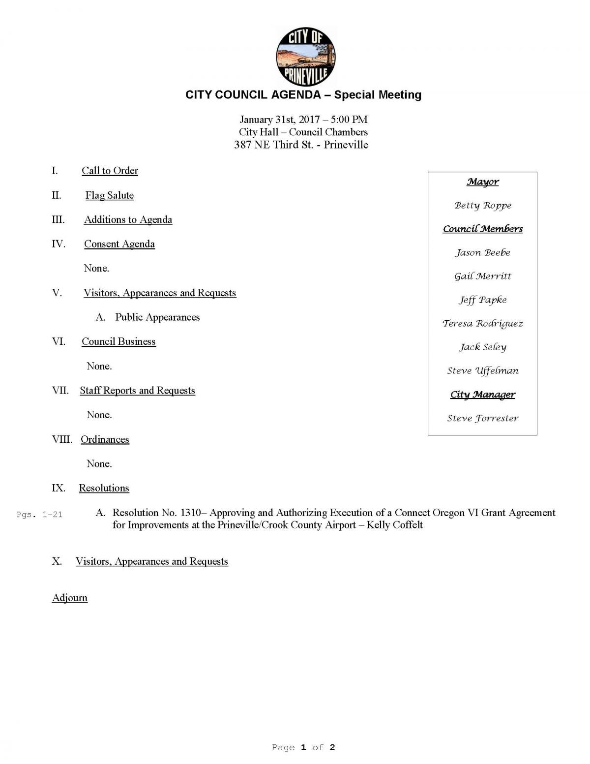 Special Council Meeting Agenda 1-31-17