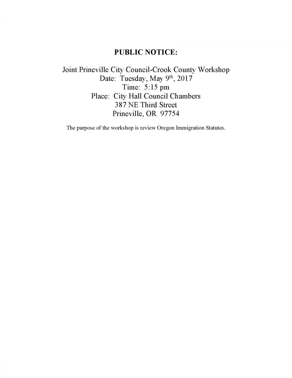 Public Notice - Joint City-County Workshop 5-9-17